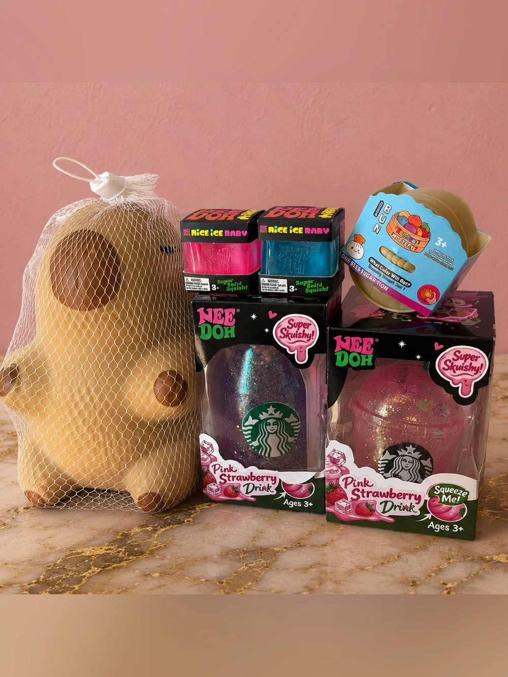 Starbucks Pink & Purple Glitter, Capybara, Nice Ice Babies NeeDoh &Dumpling mini